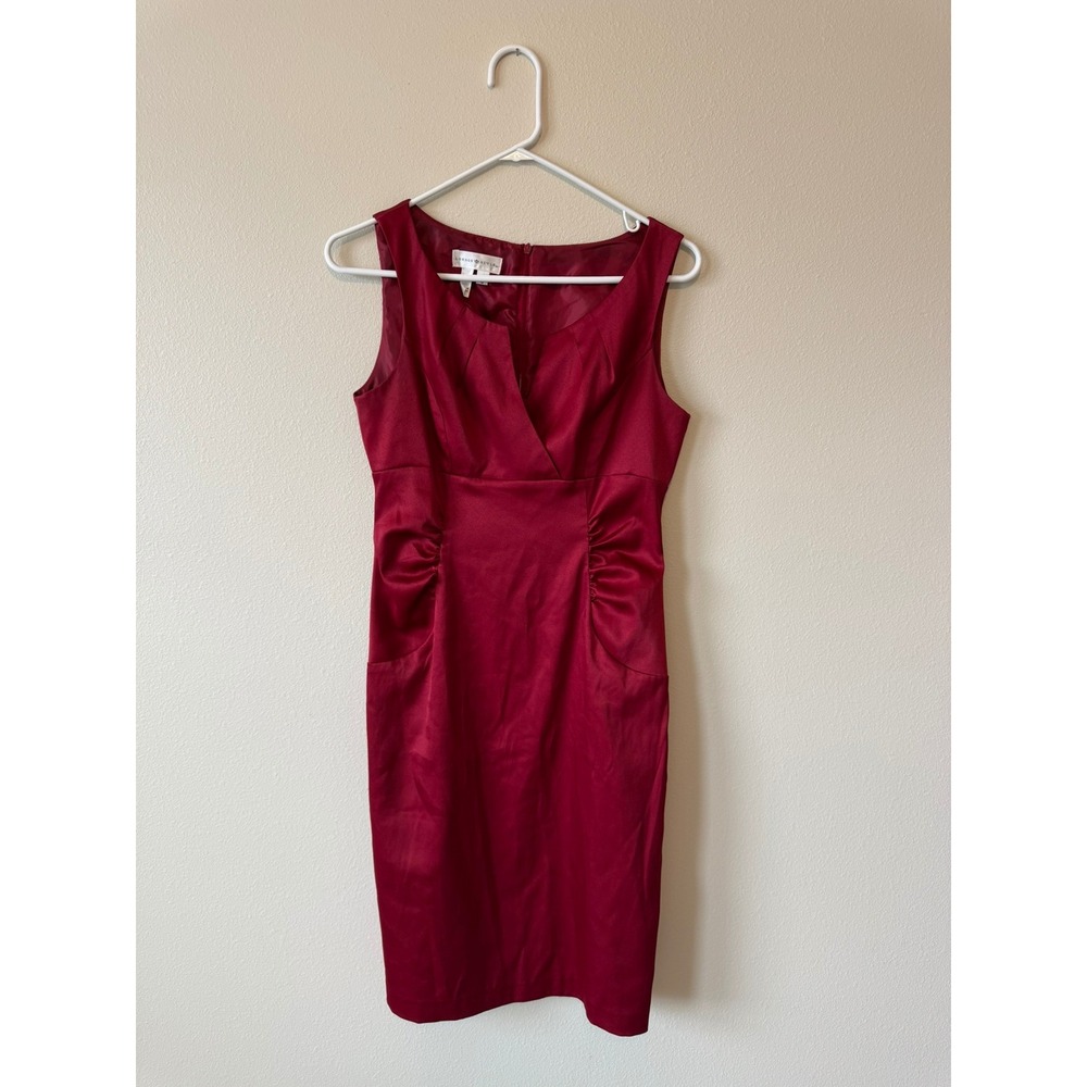 London Style Burgundy Red Satin Sheath Dress Womens 6 Sleeveless Ruched Cocktail
